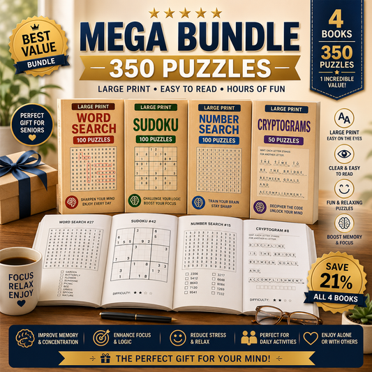 🔎🧩 Brain Games Mega Bundle — 350 Large Print Puzzles for Seniors
